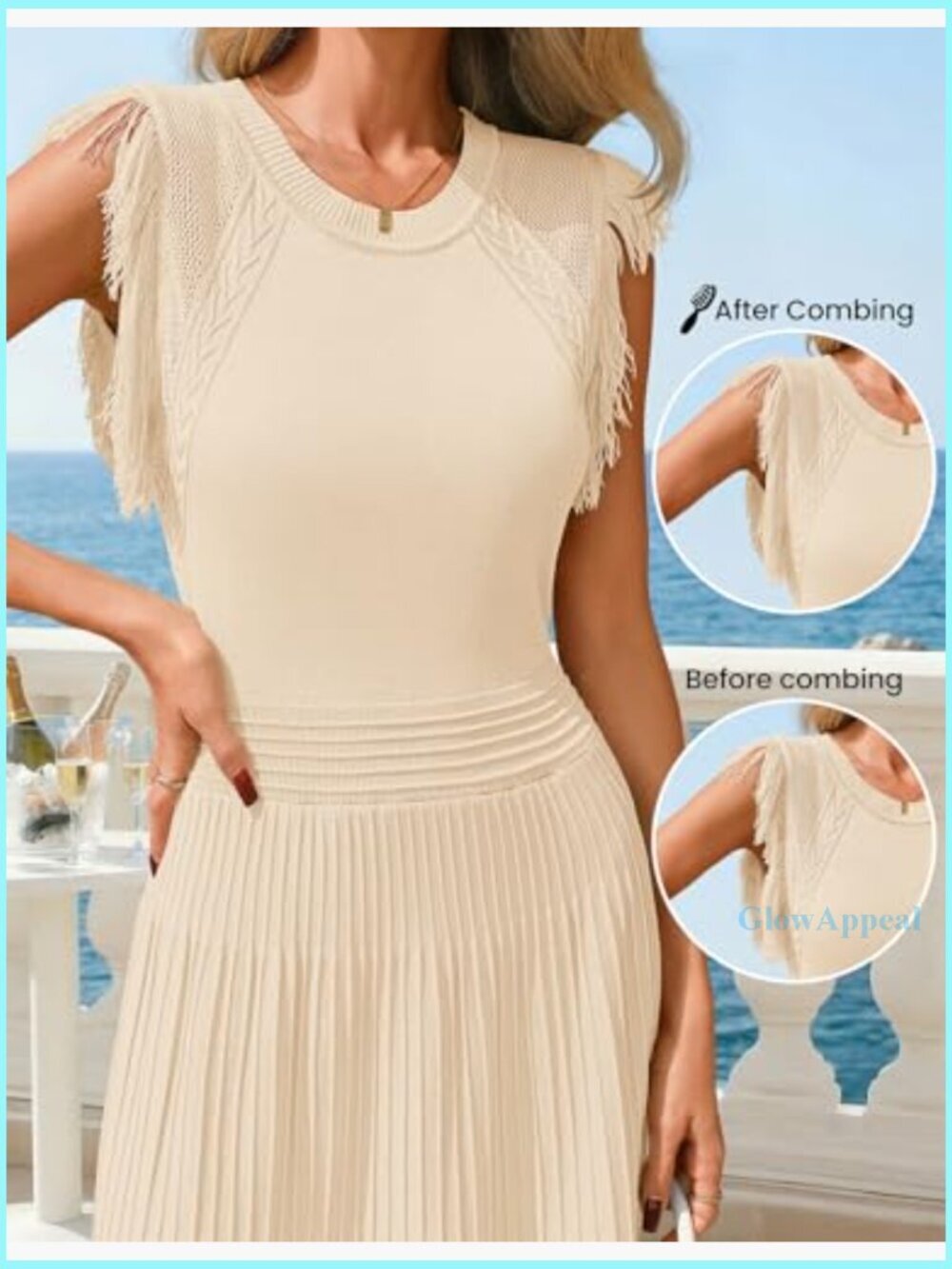 Sleeveless Fringe Ribbed Knit Midi Dress A-Line Casual Business Work - Picture 4 of 7